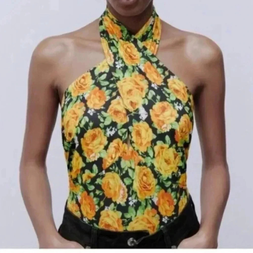 Zara Twist Neck Floral Rose Halter Bodysuit NWT Size Large New
